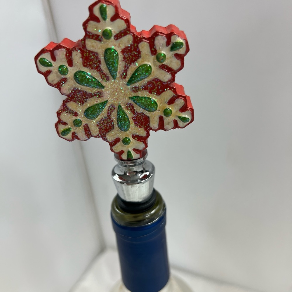 DEI Holiday snow flake Bottle stoppers, Stainless Steel and Rubber seal base